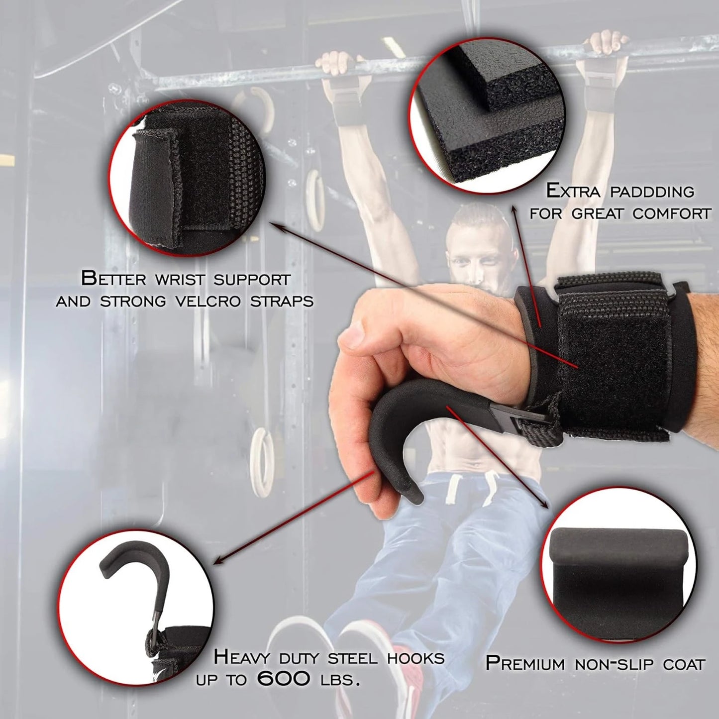 Weight Lifting Wrist Hooks Straps for Maximum Grip Support - Deadlift Gloves&Grip Pads Alternative in Fitness Gym Power Training