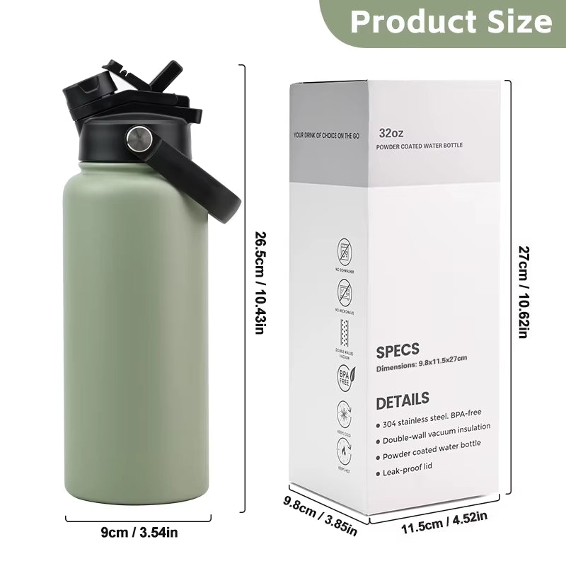 Custom Logo 1L Stainless Steel Double Wall Insulated Vacuum Flask 18Oz 32Oz Powder Coated Sports Water Bottles