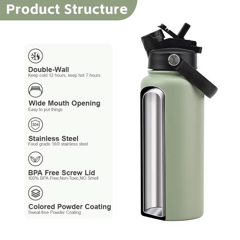 Custom Logo 1L Stainless Steel Double Wall Insulated Vacuum Flask 18Oz 32Oz Powder Coated Sports Water Bottles