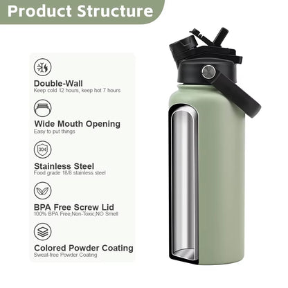 Custom Logo 1L Stainless Steel Double Wall Insulated Vacuum Flask 18Oz 32Oz Powder Coated Sports Water Bottles